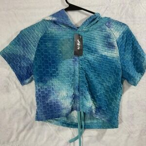 J&W Shirt Womens S/M Blue Tie Dye Textured Hooded Cropped Short Sleeve